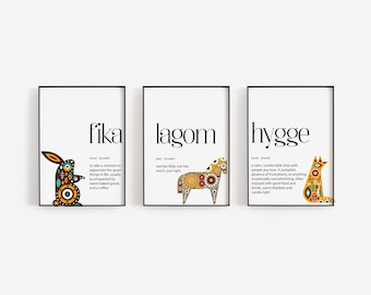 Scandinavian Print Set - Fika Lagom Hygge Wall Art, Nordic Lifestyle Posters, Minimalist Cozy Home Decor for Swedish/Danish Fans, Scandi Art