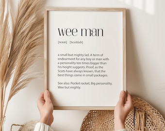Wee Man Schotse print, grappig cadeau voor hem, cadeau met Schotse slang, kleine maar dappere print, muurdecoratie voor de jongenskamer