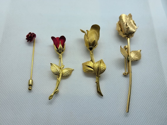 Vintage Gold Rose Brooch: 1950s Red Rose Stick Pin - image 1