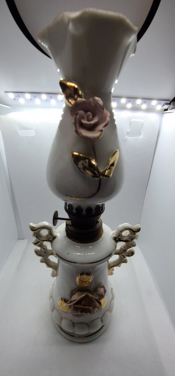 Vintage Porcelain 3D Rose Oil Lamp with Gold Embellishments. Etsy