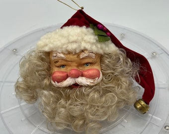 Vintage Antiqued Santa Head With Fluffy Beard Christmas Ornament.