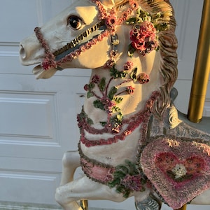 Antique Life Size Beautiful Hand Painted Carousel Horse With Ornate Carousel Tent Style Top image 5