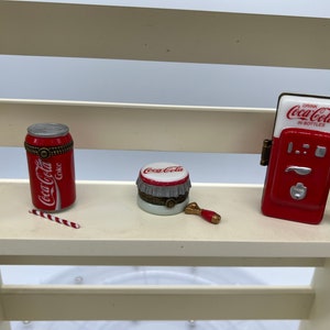 Vintage Coca-Cola Can Drink with A Straw, Bottle top with a Opener and Machine Porcelain Hinged Box with Coca-Cola Bottle Trinket.