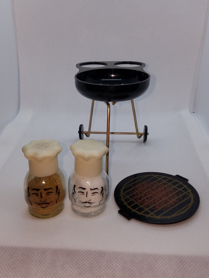 Vintage Barbque Grill Sugar holder with Chef Salt and pepper shakers.