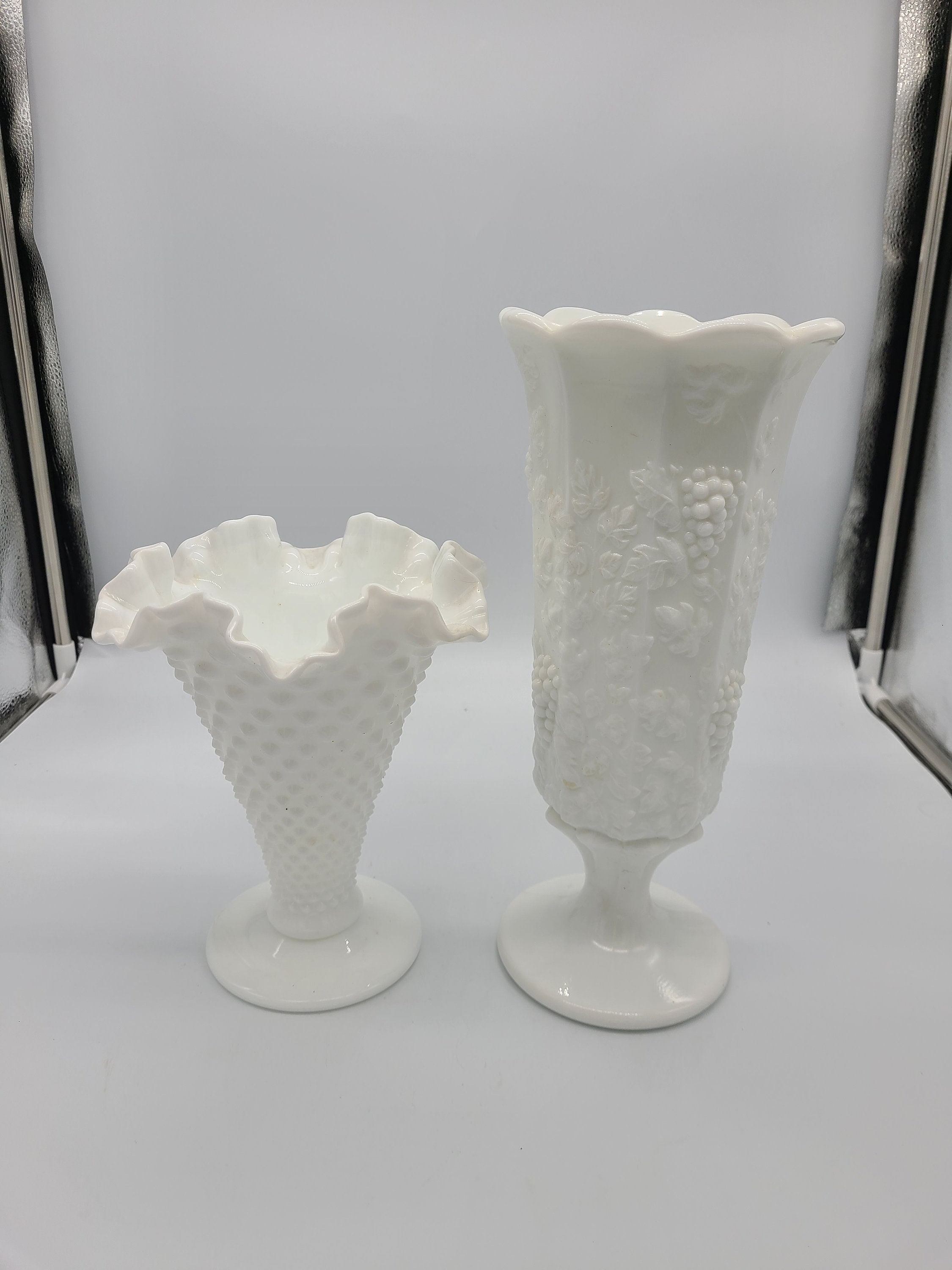 Vintage Fenton Milk Glass Vase Set: Hobnob Ruffle & Grape