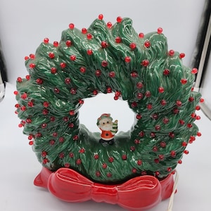 Vintage Hand Painted Ceramic Christmas Wreath for A Fireplace Mantle or Centerpiece with Santa.