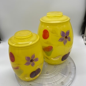 Vintage 1950s Barlett Collins yellow glass Cookie Jars or canisters with Hand Painted Fruit and flowers. Sold Separately!