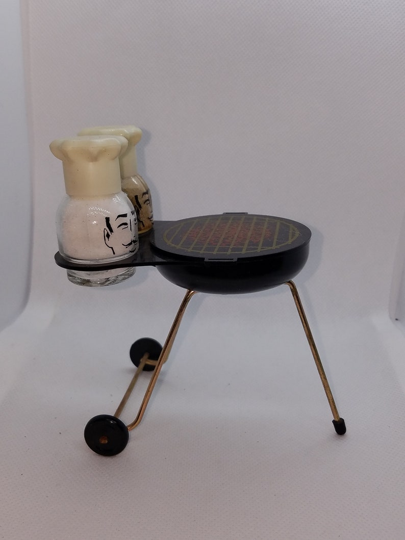 Vintage Barbque Grill Sugar holder with Chef Salt and pepper shakers.