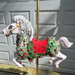 Hand Painted Carousel Horse: Strawberry Saddle, Golden Hooves, 6ft Tall