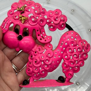 1960’s Mid-Century Cast Metal Pink Poodle Earring Holder. Made in the USA.