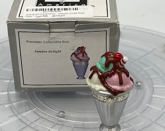 Vintage Sundae Delight with Spoon With Ice cream Trinket Porcelain Hinged Box.