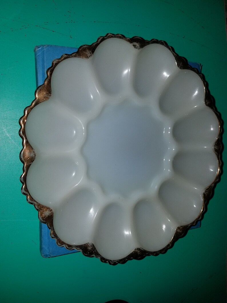 Vintage Ivory Milk Glass with Gold Trim Egg Plate