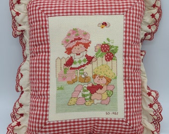 Vintage Rare 1982 Handmade Embroidered Strawberry Shortcake and Apple Dumpling Pillow.
