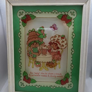 Vintage Rare Strawberry Shortcake 3-D Painted Glass Picture of Strawberry Shortcake, Custard, Lime Chiffon & Parfait Parrot.