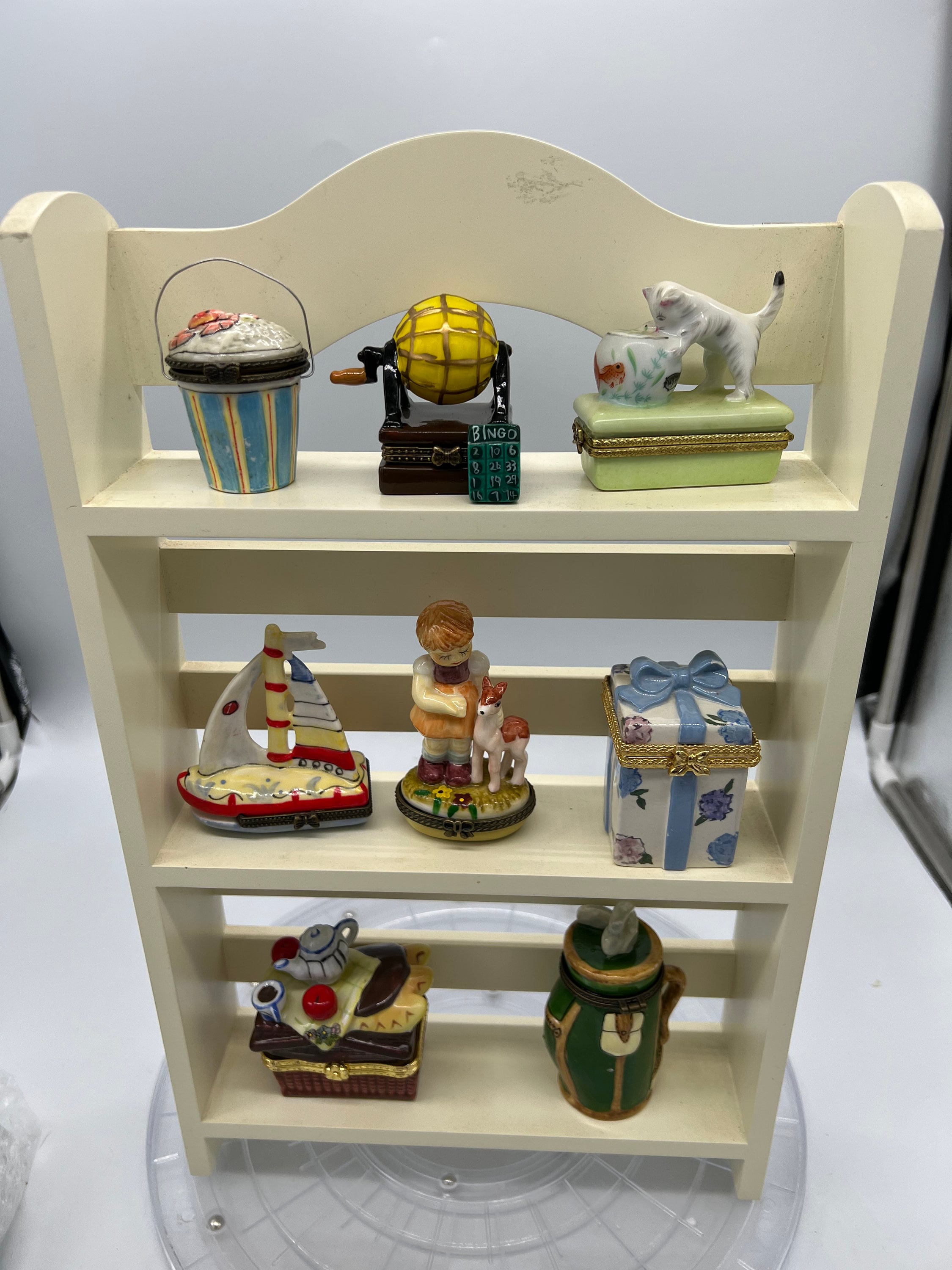 Vintage PHB Porcelain Hinged Trinket Box: Crab Bucket, Bingo, Cat