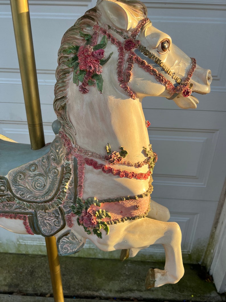 Antique Life Size Beautiful Hand Painted Carousel Horse With Ornate Carousel Tent Style Top image 9