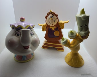1990s Disney&#39;s Beauty and the Beast Miss. Potts, Lumiere and Cogsworth Porcelain Figurines. Sold Separately!