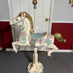Beautiful Hand Painted Life Size Carousel Horse on Gorgeous Carved Wooden Stand with Embellishments!
