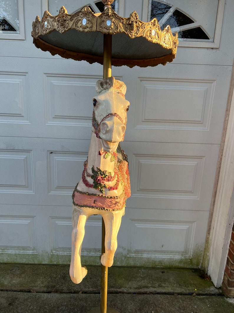 Antique Life Size Beautiful Hand Painted Carousel Horse With Ornate Carousel Tent Style Top image 10