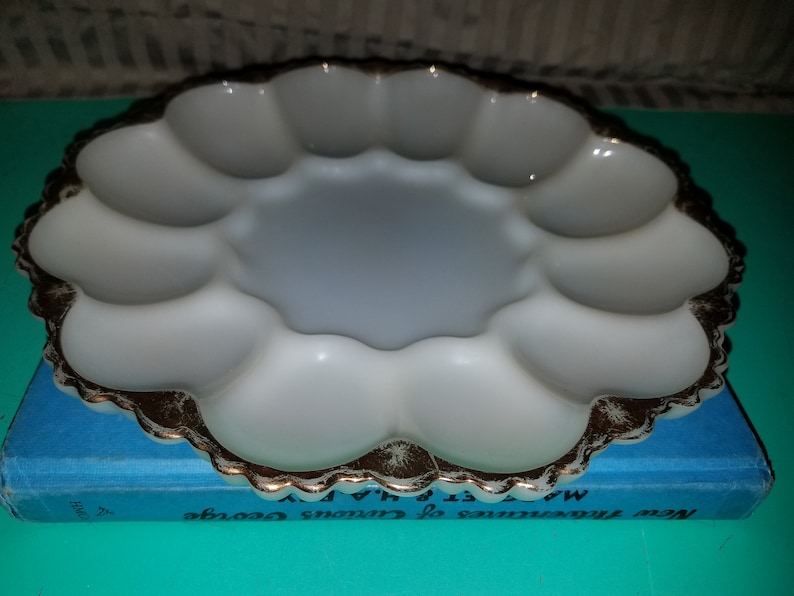 Vintage Ivory Milk Glass with Gold Trim Egg Plate