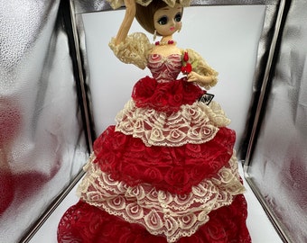 1970’s Artmark Big Eyed Southern Belle Doll wearing Red and White lace dress!