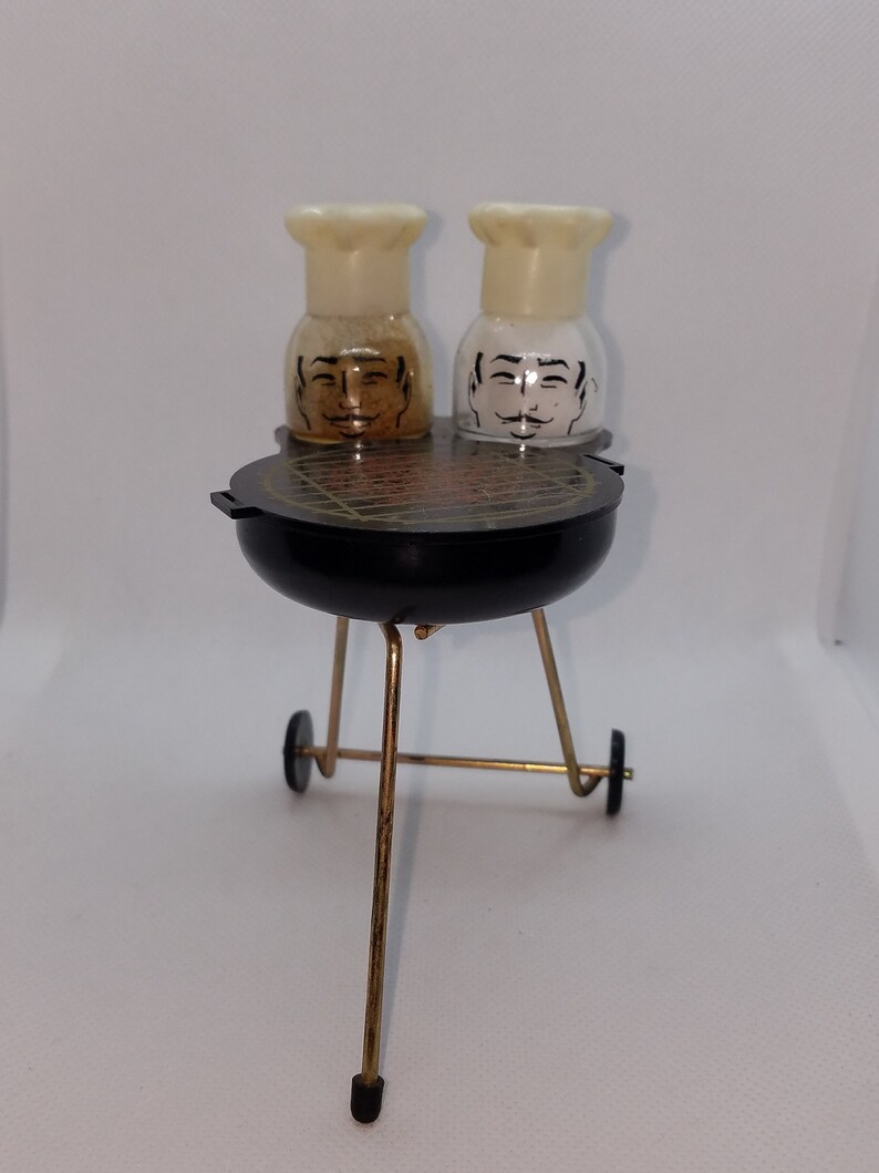 Vintage Barbque Grill Sugar holder with Chef Salt and pepper shakers.
