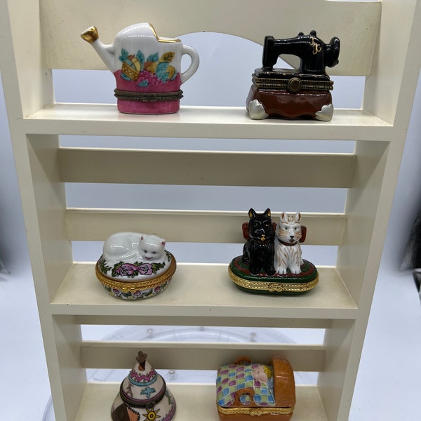 PHB Porcelain Hinged Boxes! Sold Separately! Lilian Vernon Watering Can, Sewing Machine, Cat, Dogs, TeePee, Baby in Basket.
