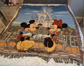 Vintage 1990s Disney Throw Blanket: Mickey, Minnie & Cinderella's Castle