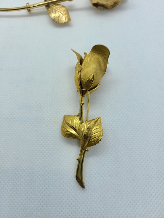 Vintage Gold Rose Brooch: 1950s Red Rose Stick Pin - image 7