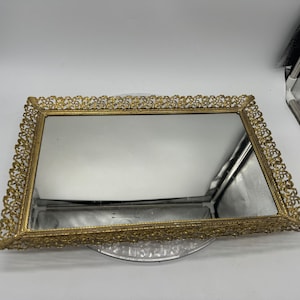 Vintage Hollywood Regency Filigree Vanity Mirrored Tray. Antique Make-Up Mirror Tray. Powder Room Decorative Tray