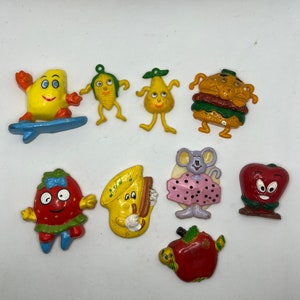 Vintage Anthropomorphic Fruit, Burger, Horn and Mouse Refrigerator Magnets. Sold Separately!