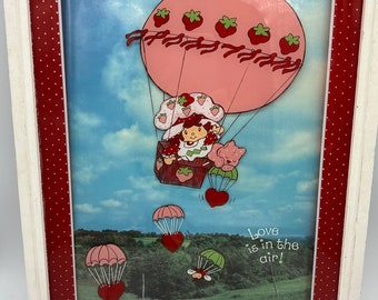 1980 Lulu’s Strawberry Shortcake Reverse Paint Hot Air Balloon Picture. Love is in the air!