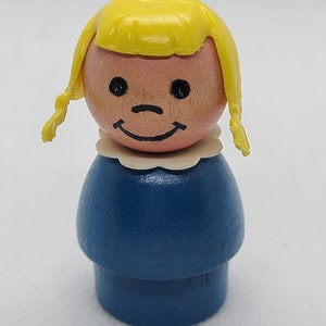 Vintage Fisher-Price Little People Wood Girl with Pigtails. Both Head and Body are Wood.