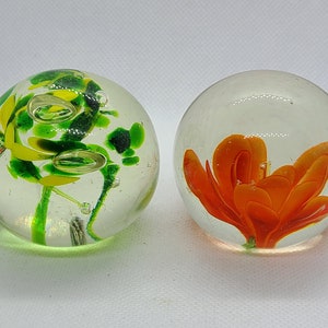Vintage Glass Paperweight.  Bubble glass with swirls. Large orange flower glass paperweight.