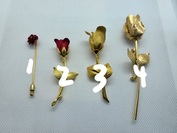 Vintage Gold Rose Brooch: 1950s Red Rose Stick Pin - image 3