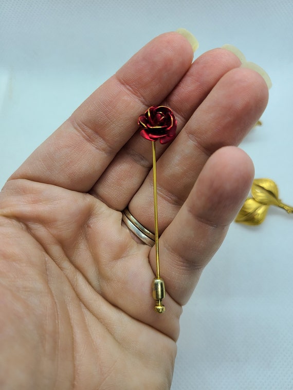 Vintage Gold Rose Brooch: 1950s Red Rose Stick Pin - image 4