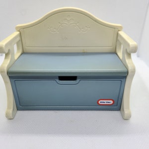 Vintage Little Tikes dollhouse blue Toy bench. Boys room toy bench. Little Tikes. Miniature replicas of Little Tikes toys.