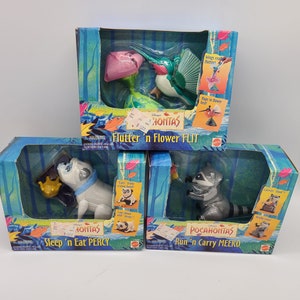 1995 Pocahontas Flutter with Flit,  Sleep n Eat Percy & Run n Carry Meeko. Mint in Pack. SoldSeparately.