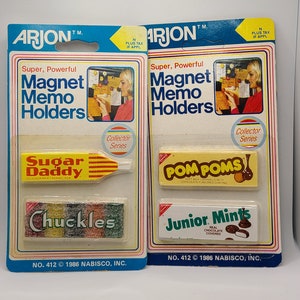 Vintage 1986 NIP Arjon  2 Pack of 2 Magnets.  Sugar Daddy an Chuckles and Pom Poms an Junior Mints Refrigerator Magnets. Sold Separately!