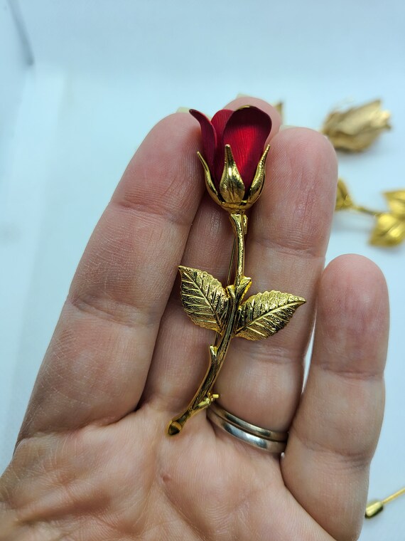 Vintage Gold Rose Brooch: 1950s Red Rose Stick Pin - image 5