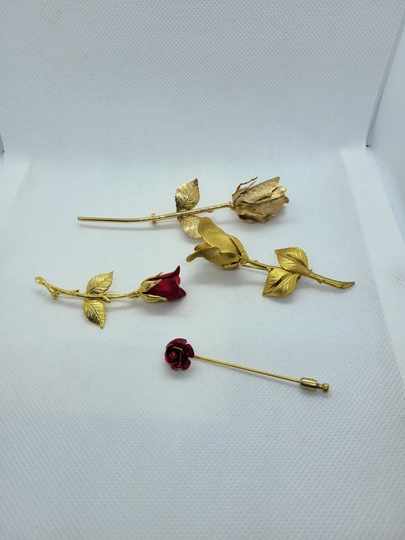 Vintage Gold Rose Brooch: 1950s Red Rose Stick Pin - image 2