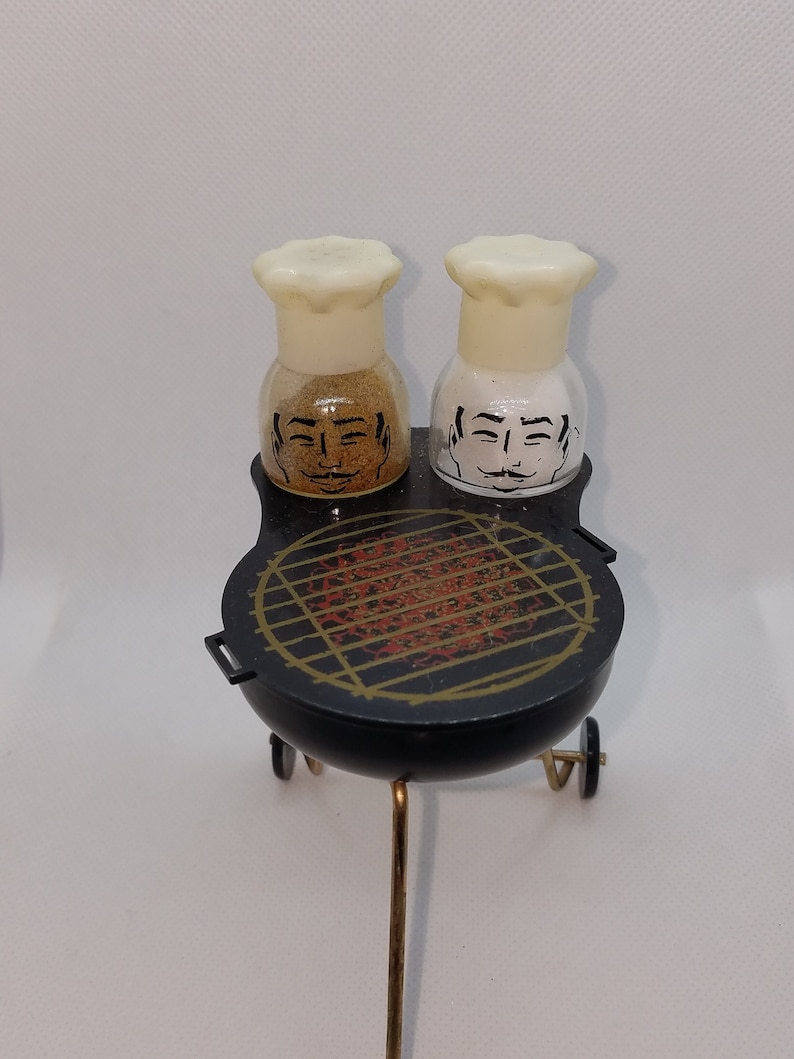 Vintage Barbque Grill Sugar holder with Chef Salt and pepper shakers.