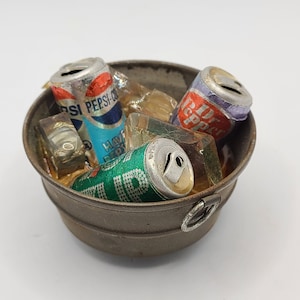 Vintage 7 Up, Dr. Pepper and Pepsi Can Drinks in Ice and Metal Tub Refrigerator Magnet.