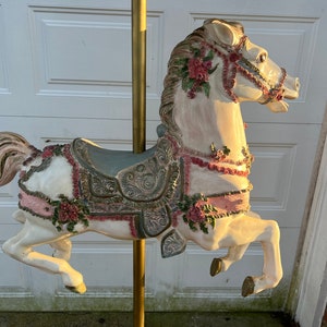 Antique Life Size Beautiful Hand Painted Carousel Horse With Ornate Carousel Tent Style Top image 8