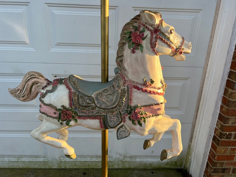 Antique Life Size Beautiful Hand Painted Carousel Horse With Ornate Carousel Tent Style Top image 8