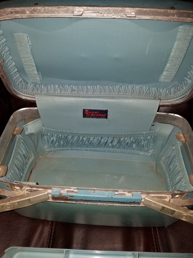 Trousse De Maquillage Vintage Royal Traveller Bleue - Valise Rigide Années 70, Miroir, Plateau