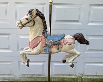 Antique Life Size Beautiful Hand Painted Carousel Horse with Brass Pole.