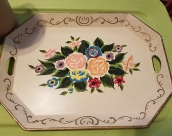Vintage Floral Holztablett: Handbemaltes dekoratives Serviertablett, Made in Japan