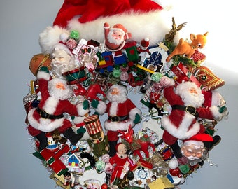 Beautiful Handmade Christmas Wreath with Various Vintage Wooden, Flocked and Sugar Candy Ornaments!