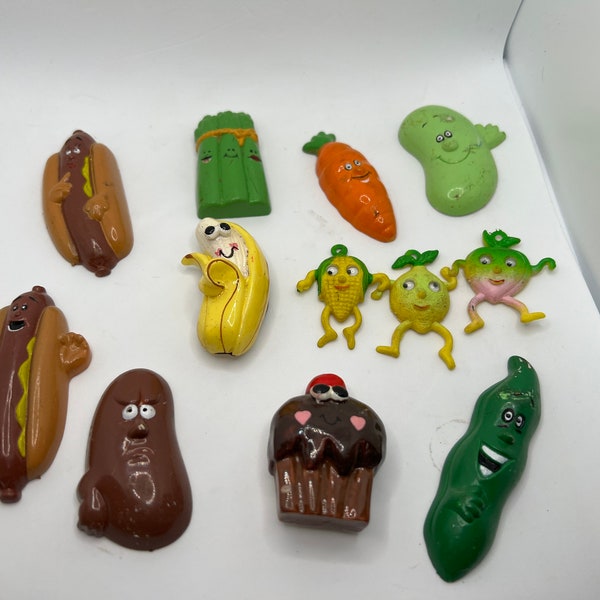 Vintage Anthropomorphic Vegetable, Fruit, Hotdogs and Cupcake Refrigerator Magnets! Sold Separately!